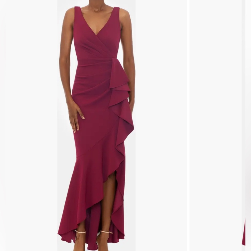 NWOT Betsy & Adam crepe ruffle high low gown